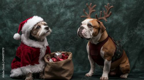 A curious Jack Russell Terrier in a Santa Claus suit with a sack of faux gifts beside a stoic Bulldog in a reindeer outfit, on a smooth dark green background.