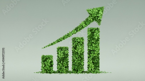 The image shows a green bar chart symbol and an up arrow made entirely of small green leaves or leaves.