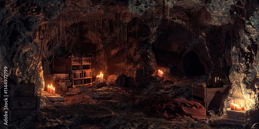 Interior of a Cave with Wooden Crates and Candles Interior of a Cave with Wooden Crates and Candles