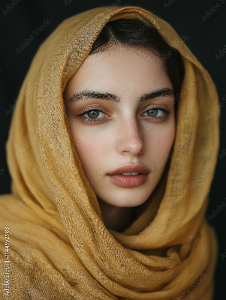 Minimalistic portrait of a woman wearing a yellow scarf with soft features and expressive eyes captured indoors Minimalistic portrait of a woman wearing a yellow scarf with soft features and expressive eyes captured indoors