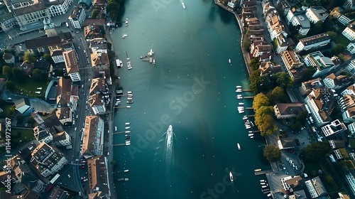 Fototapeta Naklejka Na Ścianę i Meble -  Aerial view of Zurich city center with lake and boats, Switzerland