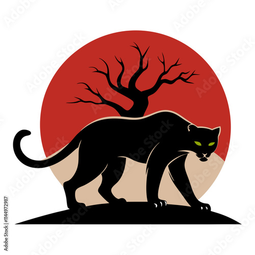 a black panther crawled down from the tree wanting to pounce, full body, dynamic gesture , good animal anatomy, silhouerre on retro vintage background vector art illustration t-shirt design art
