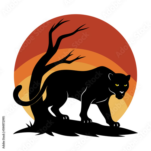 a black panther crawled down from the tree wanting to pounce, full body, dynamic gesture , good animal anatomy, silhouerre on retro vintage background vector art illustration t-shirt design art