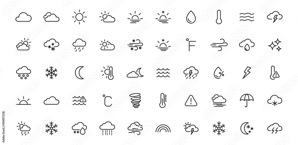 Weather icons. Weather forecast icon set line icons climate collection. clouds, sunny day, moon, snowflakes, wind. editable stroke icons set isolated vector on white background