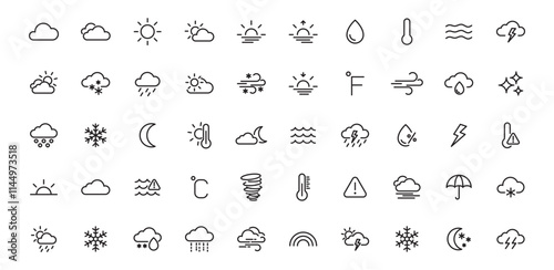 Weather icons. Weather forecast icon set line icons climate collection. clouds, sunny day, moon, snowflakes, wind. editable stroke icons set isolated vector on white background