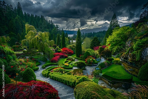 Beautiful landscaped flower garden in the morning with sunbeams