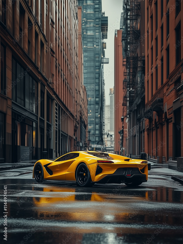 Vibrant yellow sports car parked on a city street surrounded by tall buildings on a rainy day