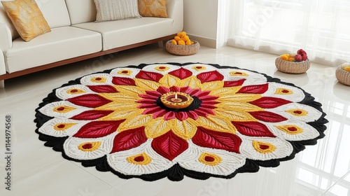 A vibrant floral rangoli rug adds a festive touch to a modern living room. The colorful design and traditional diya create a warm and inviting ambiance for celebrations. photo