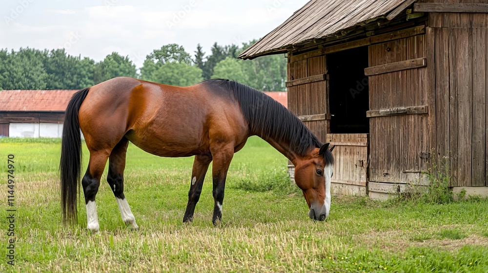 Obraz premium Summer rural landscape farmland warmth concept. Horse grazing in a green field near a rustic wooden barn.