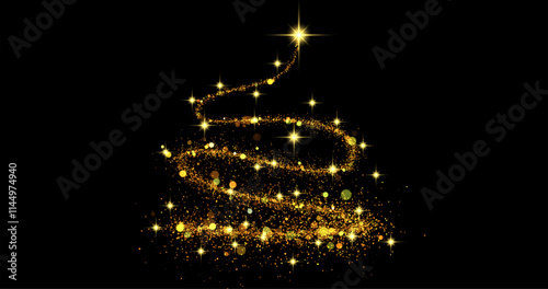 Abstract vector image with a Christmas tree silhouette made of golden sparkles, stars and glitter on a black background. Glowing lines and shimmering elements create a festive mood and elegance.