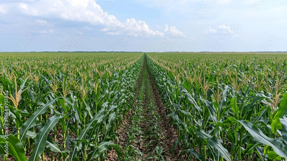 Fototapeta premium Summer rural landscape farmland warmth concept. Lush cornfield stretching toward the horizon under a blue sky.