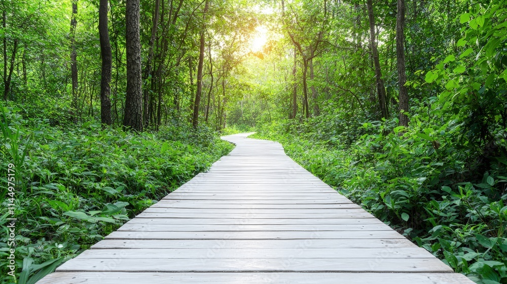 Obraz premium Sunlit path through lush green forest.