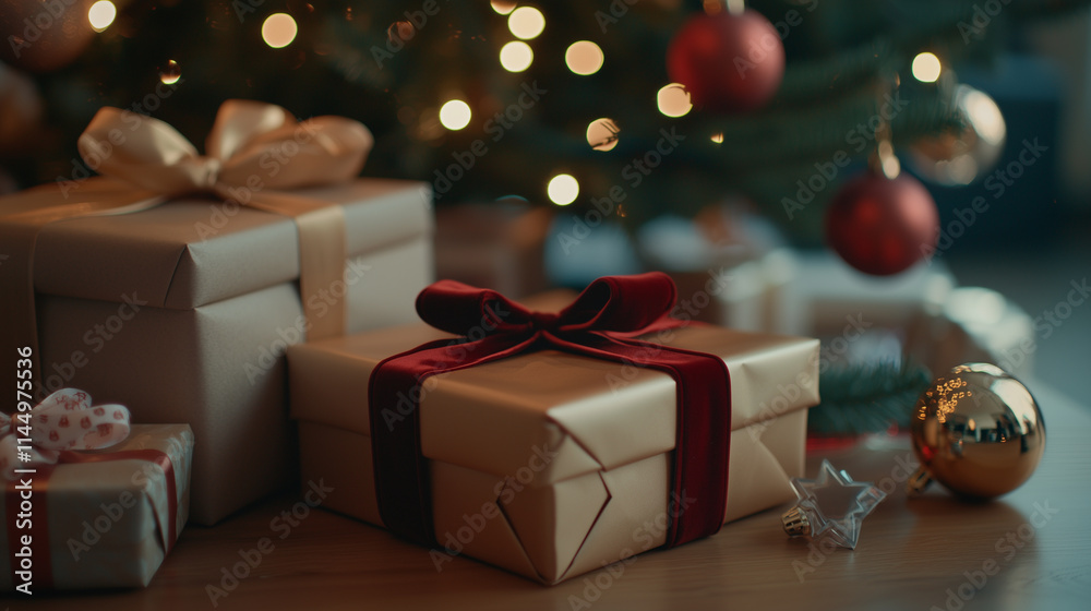 A close-up of beautifully wrapped gifts in gold and red paper with velvet ribbons, resting under a glowing Christmas tree. The blurred background reveals soft lights and shimmering A close-up of beautifully wrapped gifts in gold and red paper with velvet ribbons, resting under a glowing Christmas tree. The blurred background reveals soft lights and shimmering