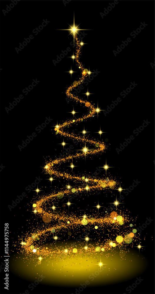 Abstract vector image with a Christmas tree silhouette made of golden sparkles, stars and glitter on a black background. Glowing lines and shimmering elements create a festive mood and elegance. Abstract vector image with a Christmas tree silhouette made of golden sparkles, stars and glitter on a black background. Glowing lines and shimmering elements create a festive mood and elegance.