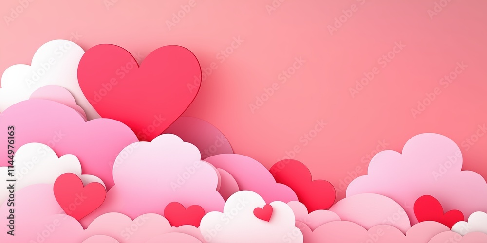 Pink and Red Hearts Floating Among Soft Layers of Pastel Clouds. Ideal for Valentine-themed designs, weddings. Pink and Red Hearts Floating Among Soft Layers of Pastel Clouds. Ideal for Valentine-themed designs, weddings.