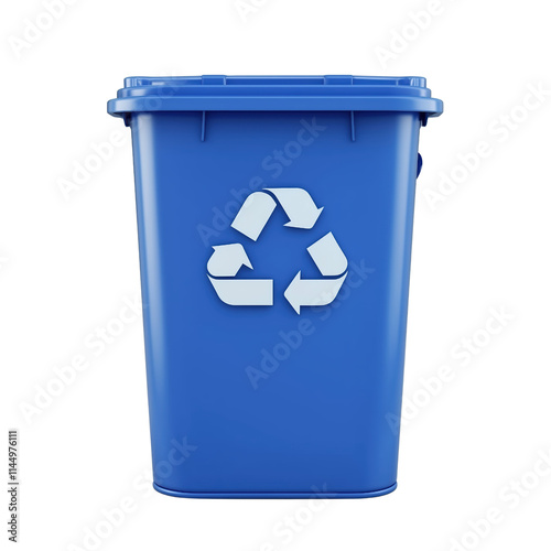 Blue recycling bin with icon for waste management and ecology photo