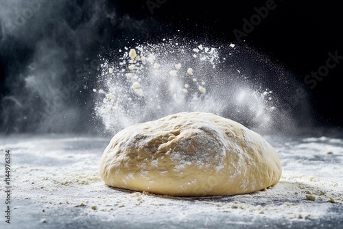 Freshly kneaded dough bursts with flour in a dramatic baking moment in a cozy kitchen space