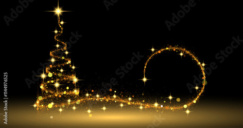 Abstract vector image with a Christmas tree silhouette made of golden sparkles, stars and glitter on a black background. Glowing lines and shimmering elements create a festive mood and elegance.