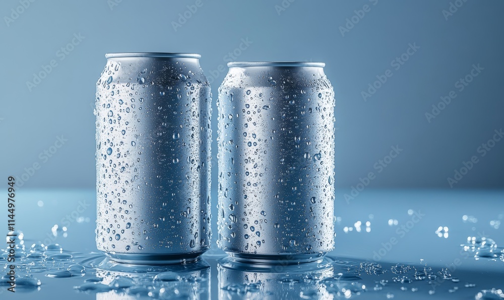 Two aluminum beer cans on blue background with water drops, Generative AI Two aluminum beer cans on blue background with water drops, Generative AI
