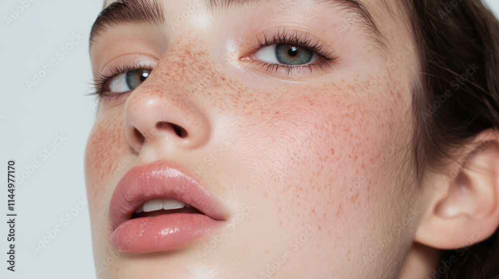 Fototapeta premium Close-up view of a young woman's face highlighting natural beauty and features with freckles and glossy lips