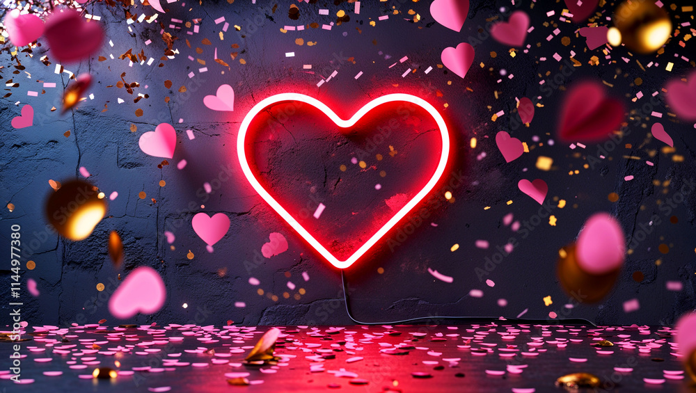A vibrant and modern Valentine's Day decoration with a neon heart. A vibrant and modern Valentine's Day decoration with a neon heart.