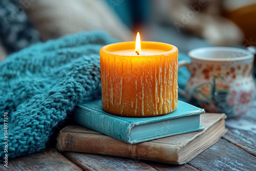 Cozy scene with a lit candle on stacked books, a knit blanket, and a patterned mug, creating a warm and inviting atmosphere on a rustic wooden surface photo