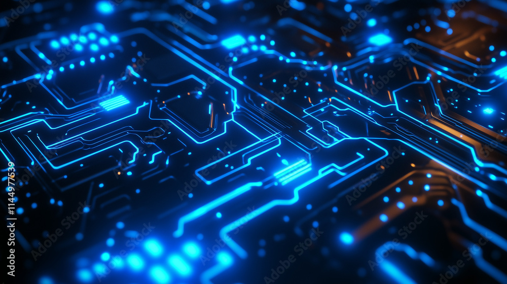 Abstract Circuitry: A close-up shot of a futuristic blue and orange circuit board, reminiscent of a neural network, captivating the viewer with its intricate patterns and glowing lines. Abstract Circuitry: A close-up shot of a futuristic blue and orange circuit board, reminiscent of a neural network, captivating the viewer with its intricate patterns and glowing lines.
