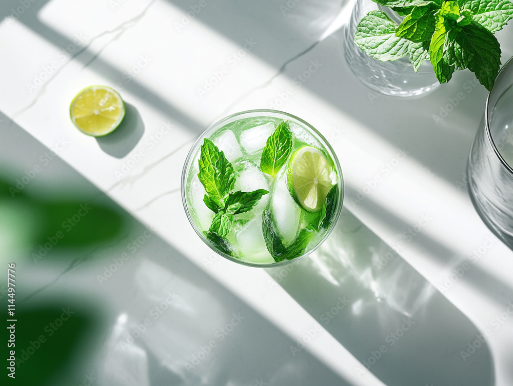 Fruit cocktail with ice. Tropical mojito with ice on the table.