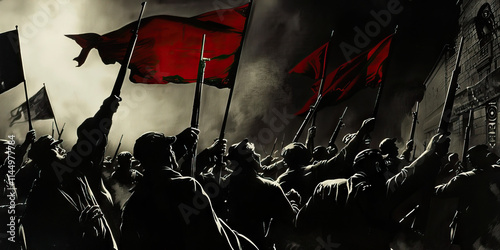 Silhouetted Crowd with Rifles and Red Flags