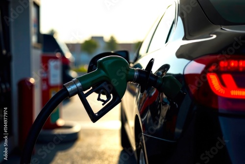 The Car is refueled at a gas station, the fuel pump is inserted into the tank. Gas pump nozzles in the Black car