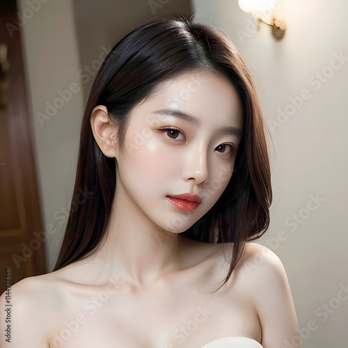 Elegant portrait of an Asian woman with glowing skin and natural makeup. Perfect for beauty, skincare, and cosmetics promotions, showcasing high-quality and natural beauty concepts.