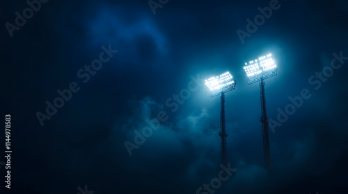 Stadium lights shining against a dark night sky with space for copy.