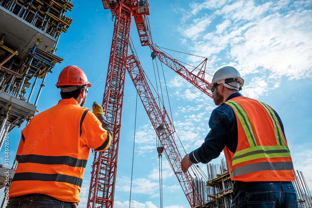 Construction site workers collaborate under a bright blue sky during a busy day Construction site workers collaborate under a bright blue sky during a busy day