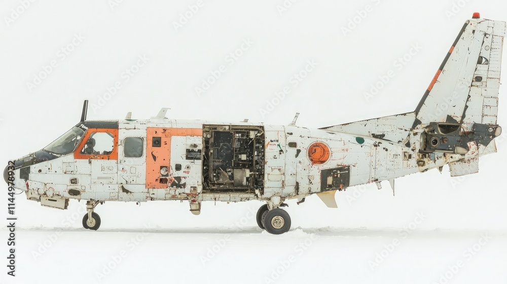 Abandoned aircraft in snowy landscape, showing significant wear and tear.