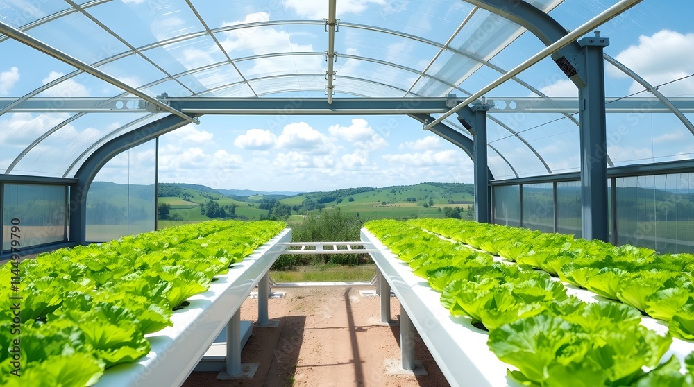 Hydroponic Farm Surrounded by Scenic Green Hills, Featuring Lush Lettuce in a Modern Greenhouse

