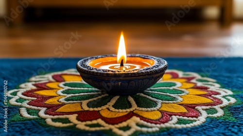 A lit diya sits on a colorful rangoli, a traditional Indian decoration made with colored powder, often used during Diwali, the festival of lights. photo