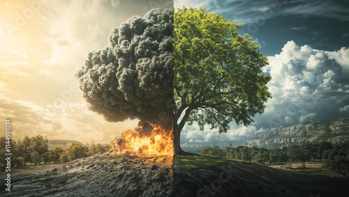 Environmental destruction and nature contrast showing a tree flourishing next to a fiery explosion with black smoke, climate change and ecological impact representation, hope vs devastation
