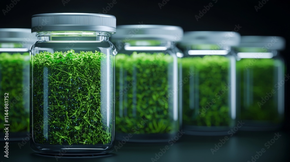 A row of glass jars filled with vibrant green moss, illuminated softly against a dark background, creating a peaceful and natural aesthetic. A row of glass jars filled with vibrant green moss, illuminated softly against a dark background, creating a peaceful and natural aesthetic.