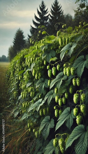 Wild Hops Climbing and Blooming in the Sunlit Countryside photo