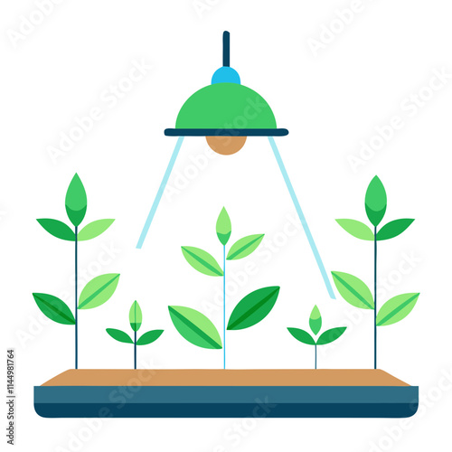 Grow light illuminating young plants on a white background for indoor gardening