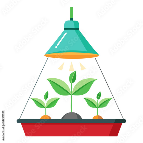 Grow light illuminating seedlings on white background promoting indoor gardening and plant growth