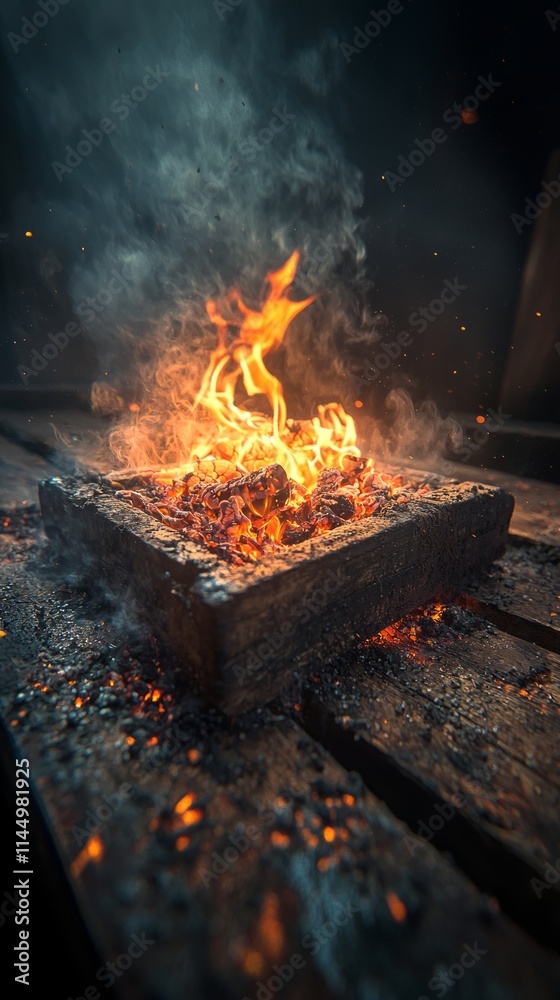 Naklejka premium A glowing fire in a wooden box, emitting smoke and embers.