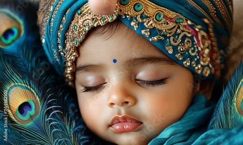 Peaceful sleeping baby in traditional attire with vibrant colors photo