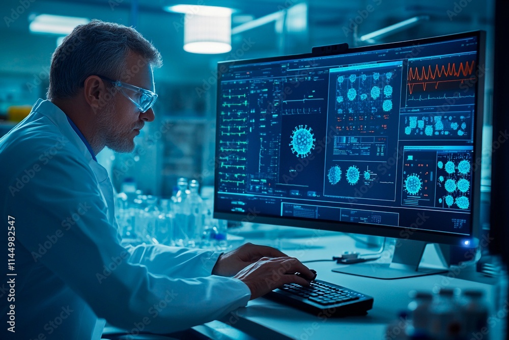 Research scientist analyzes data on a computer in a modern laboratory setting at night