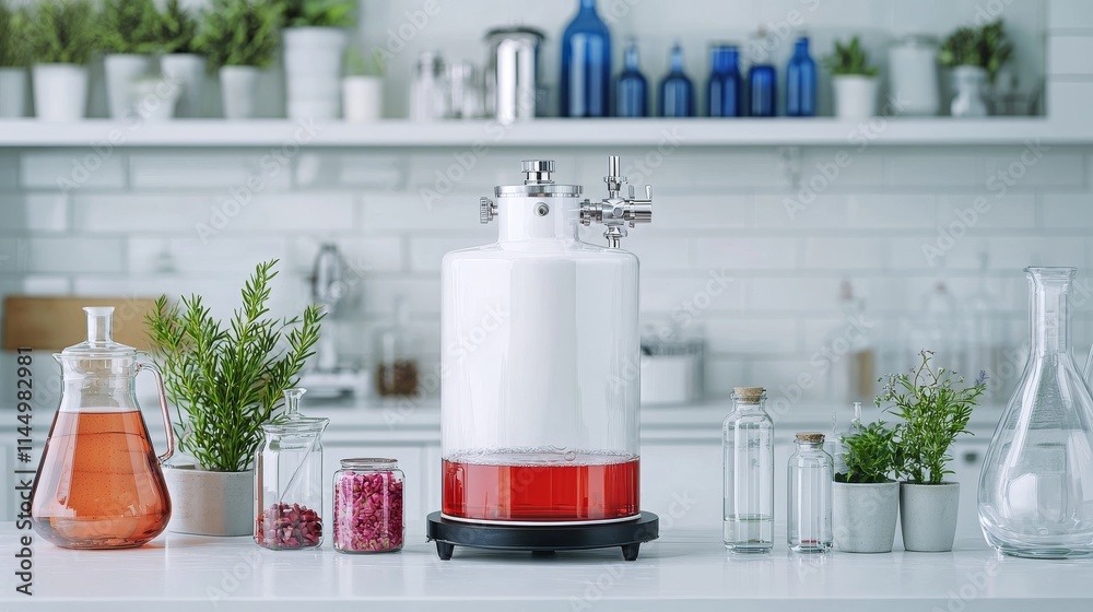 A modern laboratory setup featuring a white apparatus with red liquid, surrounded by plants and glassware on a bright, white shelf. A modern laboratory setup featuring a white apparatus with red liquid, surrounded by plants and glassware on a bright, white shelf.