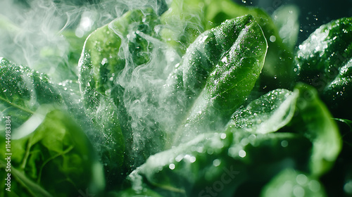 dramatic macro shot of transpiration with steam like vapor rising from fresh green leaves