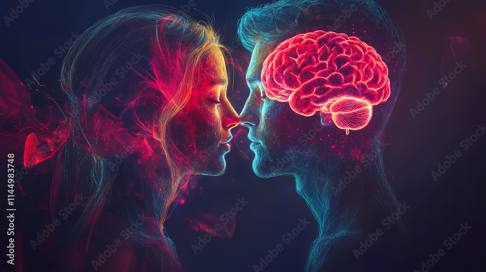 Heart brain connection surreal close up of a woman and man with glowing faces representing the ethereal connection and shared emotional energy between them. Etherean. Illustration Heart brain connection surreal close up of a woman and man with glowing faces representing the ethereal connection and shared emotional energy between them. Etherean. Illustration