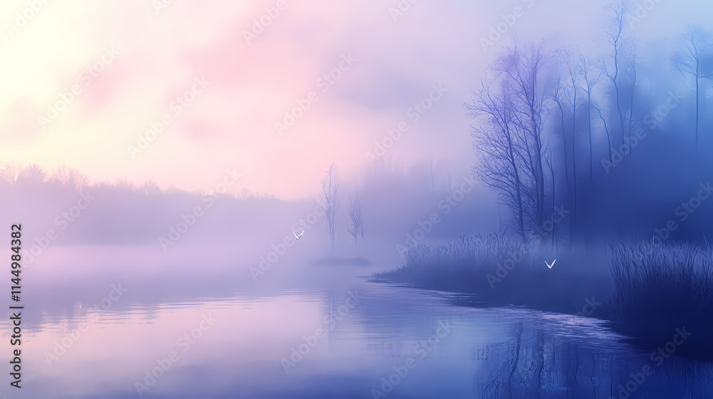 Fototapeta premium Misty, dreamlike atmosphere with soft blues and purples, featuring subtle fog effects, atmospheric effect, ethereal. Etherean. Illustration