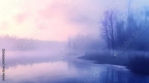 Misty, dreamlike atmosphere with soft blues and purples, featuring subtle fog effects, atmospheric effect, ethereal. Etherean. Illustration photo