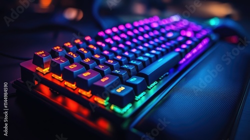 Illuminated keyboard with colorful RGB lighting on dark surface.